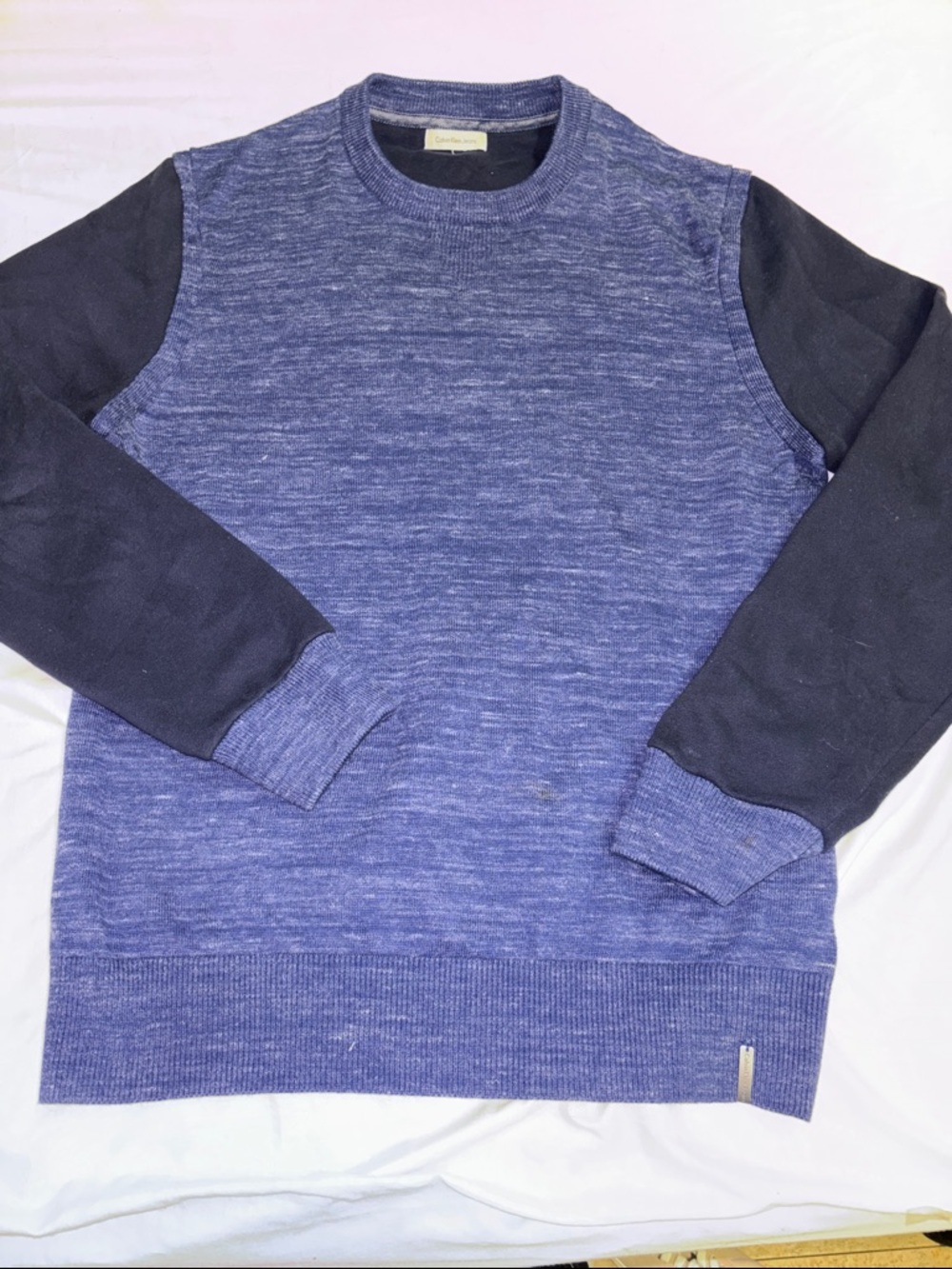 Calvin Klein Blue Marled Crewneck Sweater with Black Sleeves